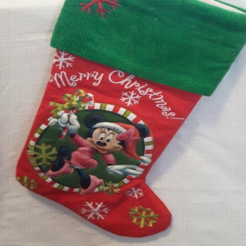 Disney 3-D puffy MINNE MOUSE Merry Christmas stocking corduroy tie red green
